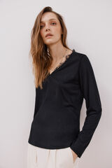 Cortefiel Camiseta escote pico encaje Negro