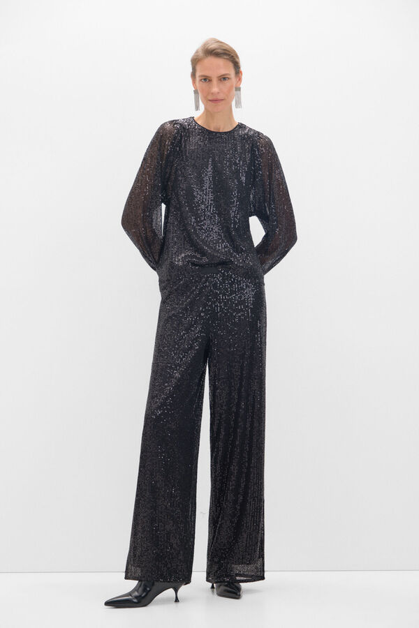 Cortefiel Cal&ccedil;a palazzo de lantejoulas pretas Preto