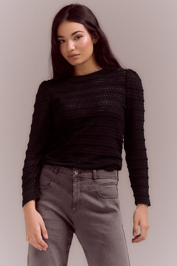 Slowlove Top de punto estructura con manga abullonada Negro