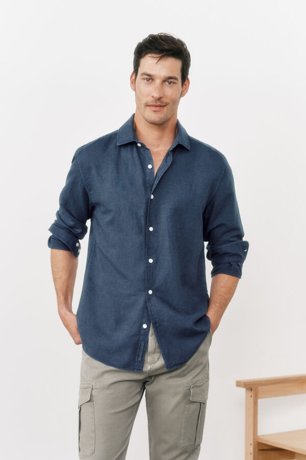 OOTO Camisa algodón lino manga larga Azul oscuro