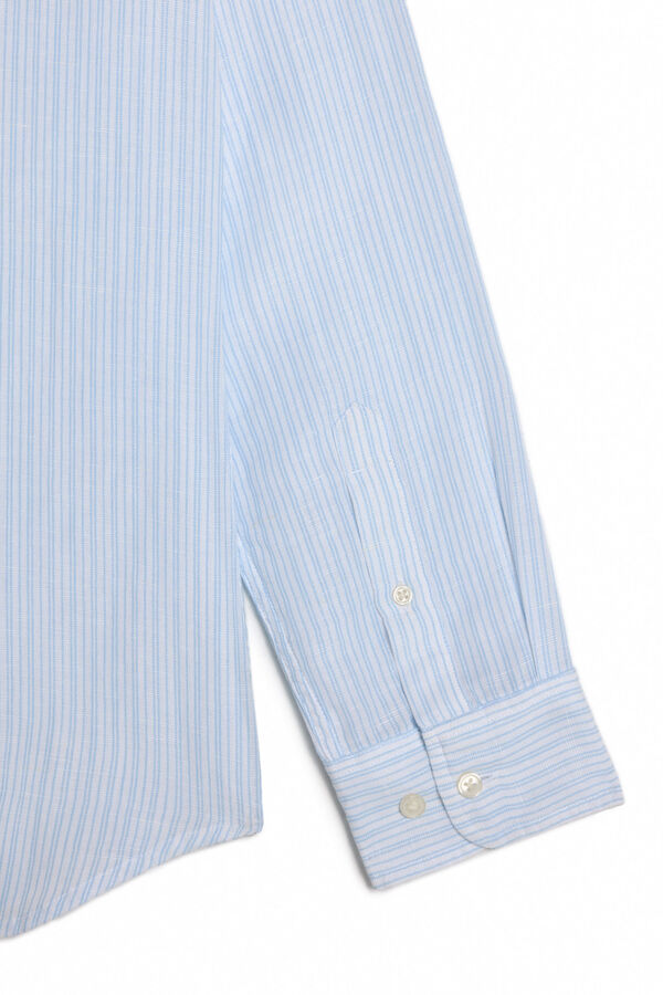 OOTO Camisa algod&atilde;o linho de raias  manga comprida Azul