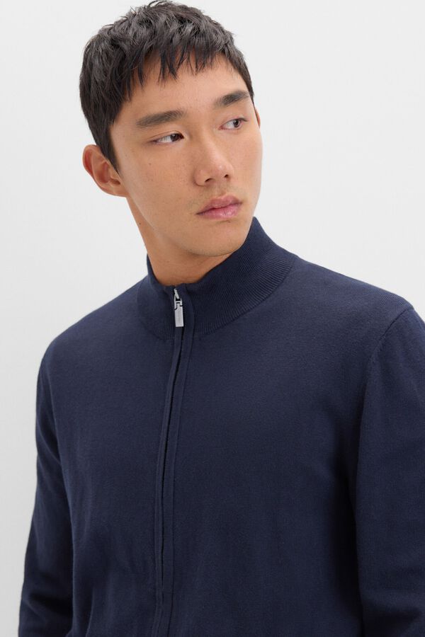 Cortefiel Casaco de malha de algod&atilde;o com caxemira e fecho-&eacute;clair Azul