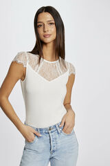 Morgan T-shirt manga curta com renda Ecru
