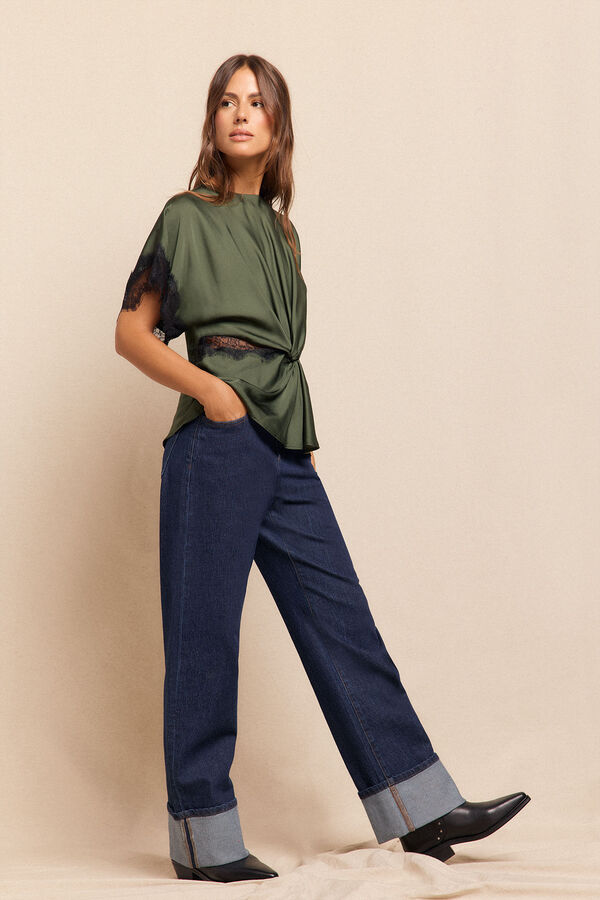 Slowlove Blusa satinada encajes Verde oscuro