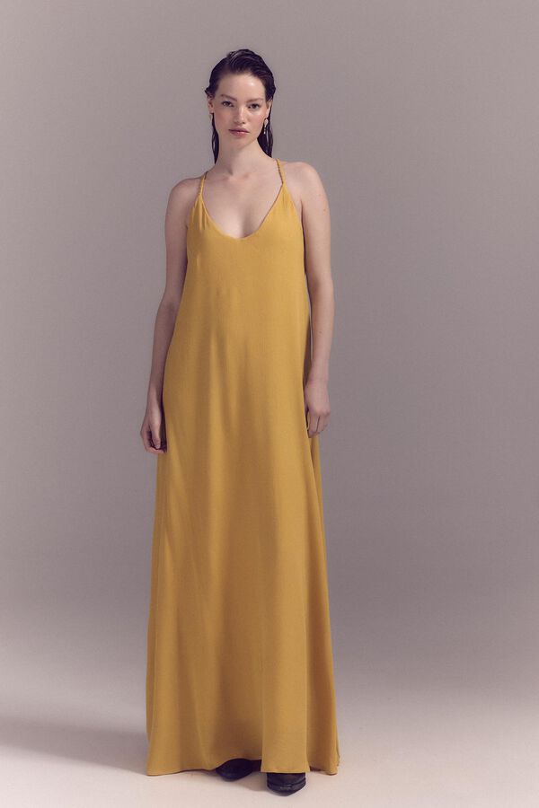 Slowlove Vestido plisado tirante multiposici&oacute;n Dorado