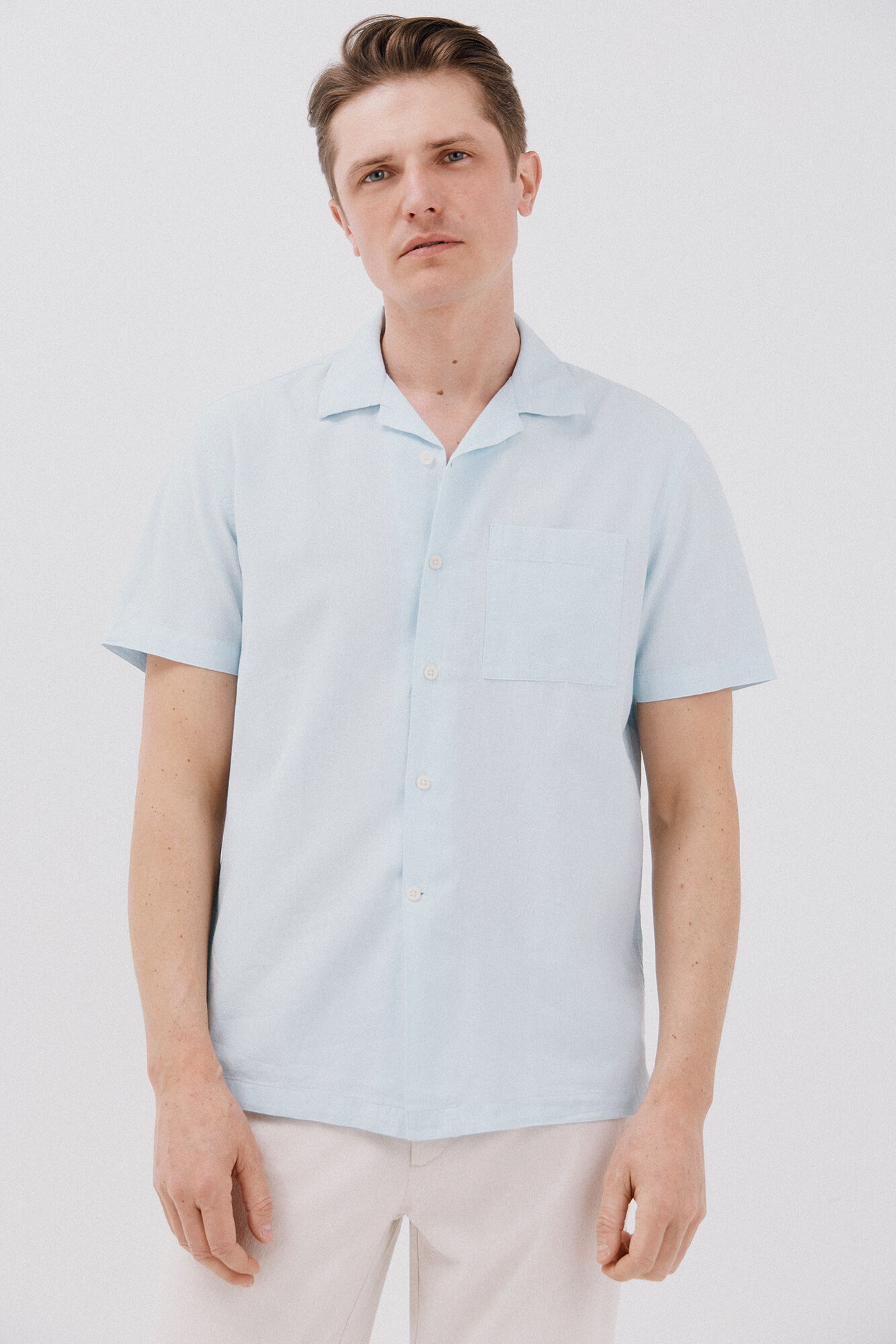 Cortefiel Camisa lisa algod&oacute;n lino manga corta