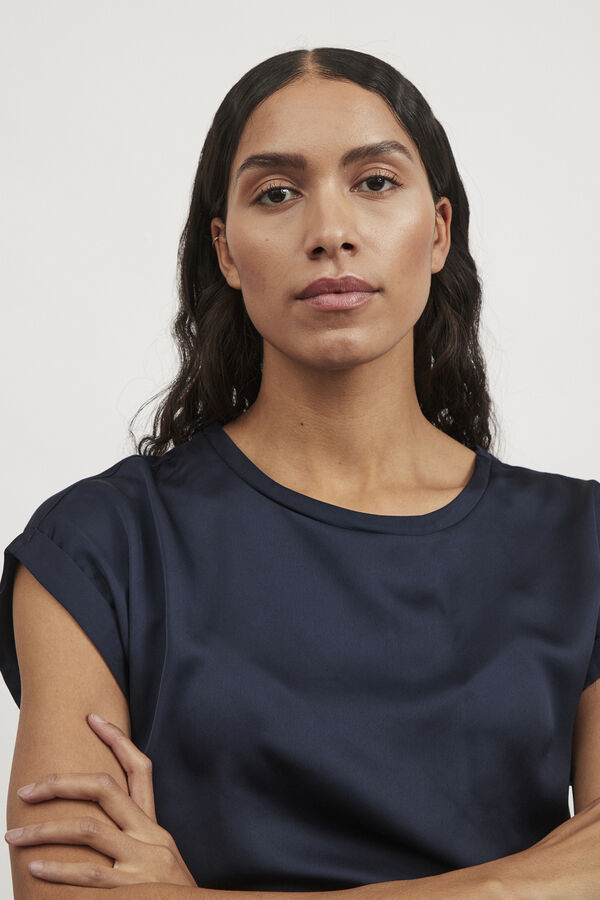 Vila Blusa satinada manga corta Azul marino