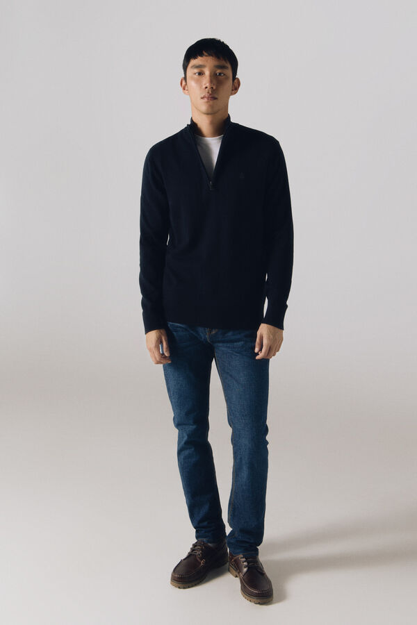 Cortefiel Camisola de malha de algod&atilde;o com gola com fecho-&eacute;clair Azul