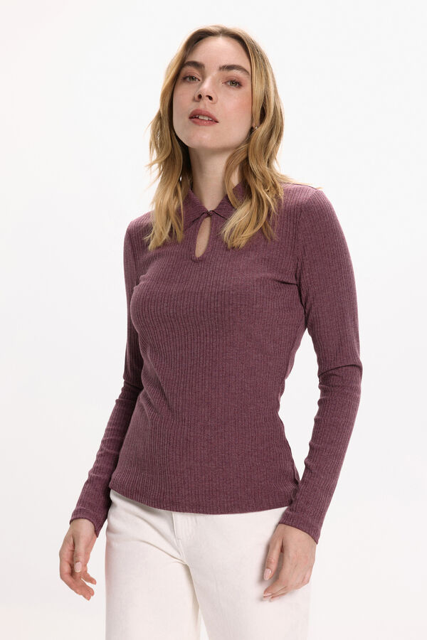 Vila Top de manga larga con cuello polo Rosa