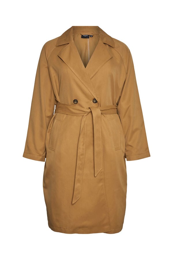 Vero Moda Curve Gabardina larga talla grande Marr&oacute;n