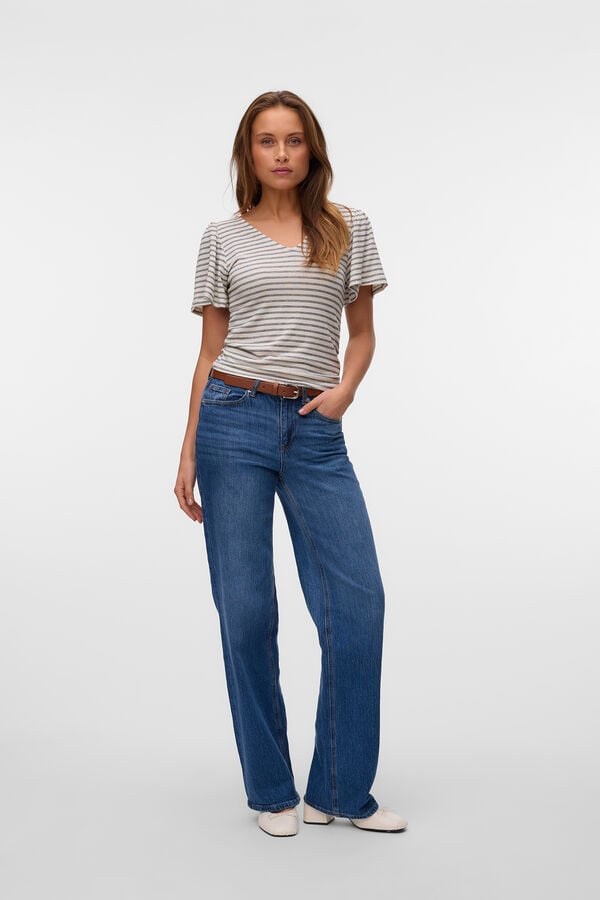 Vero Moda Camiseta riscas com mangas sino Cinzento