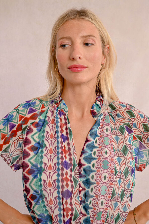 Molly Bracken Vestido de manga curta com folhos, la&ccedil;ada e estampado Multicolorido