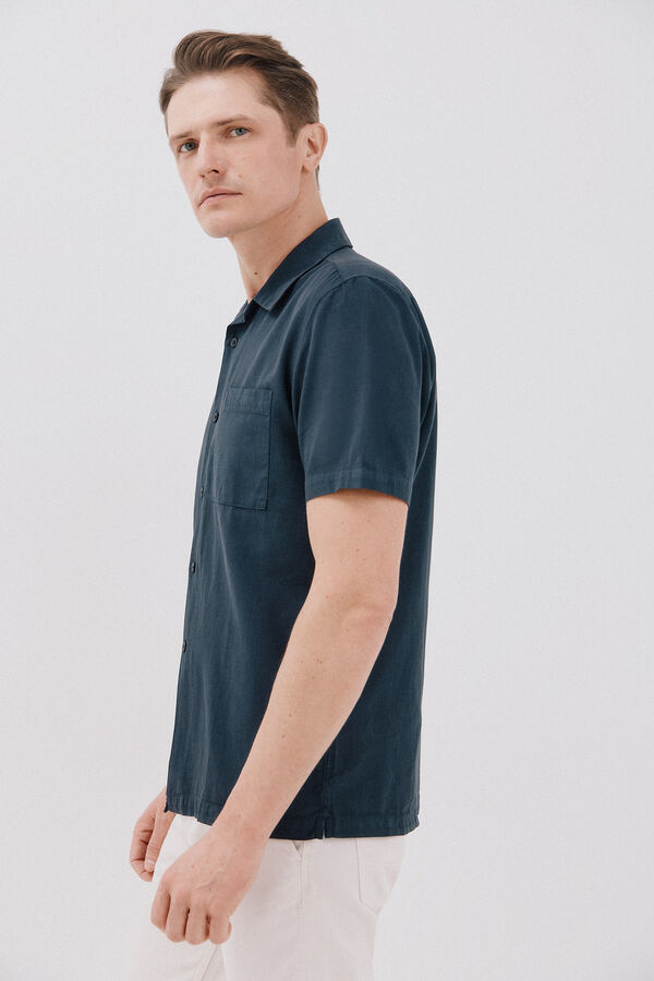 Cortefiel Camisa de manga curta de algod&atilde;o e linho simples Azul