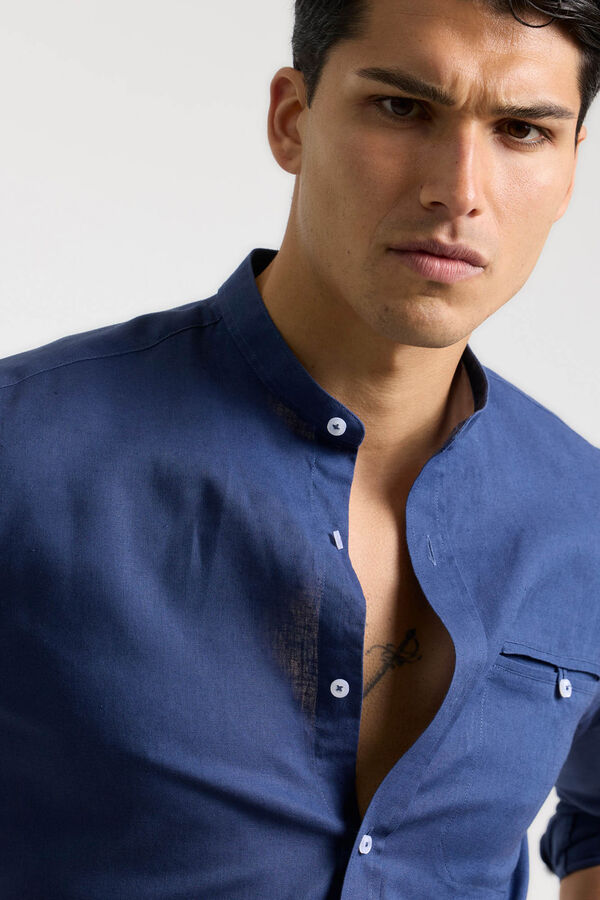 PuroEGO Camisa lino lisa cuello mao Azul