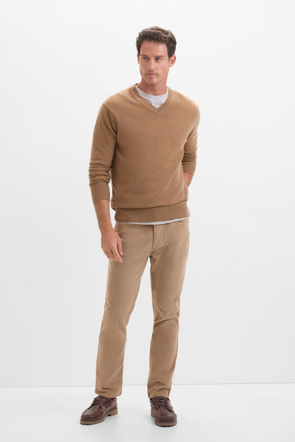 Cortefiel Jersey lana lambswool cuello pico Camel