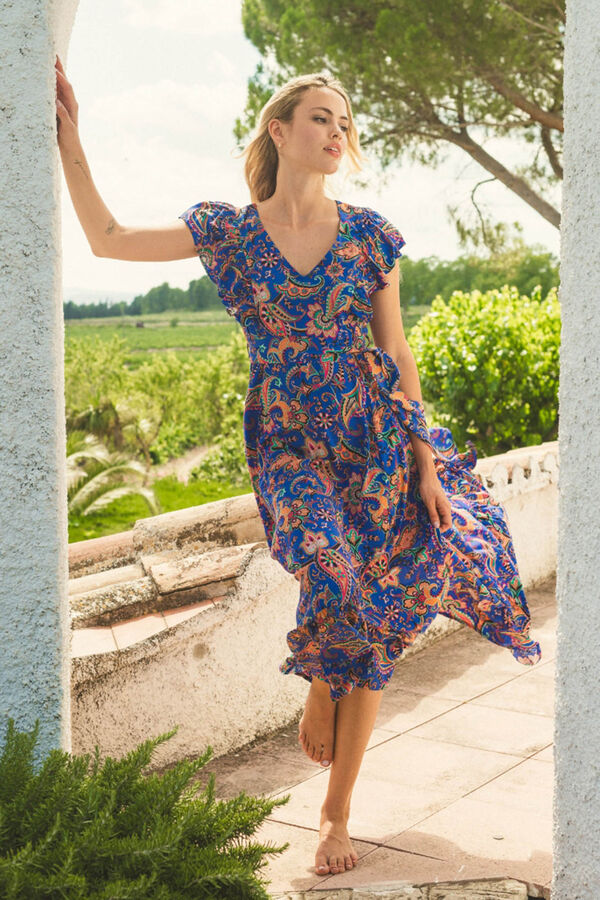 Jaase Vestido midi escote en V Estampado azul