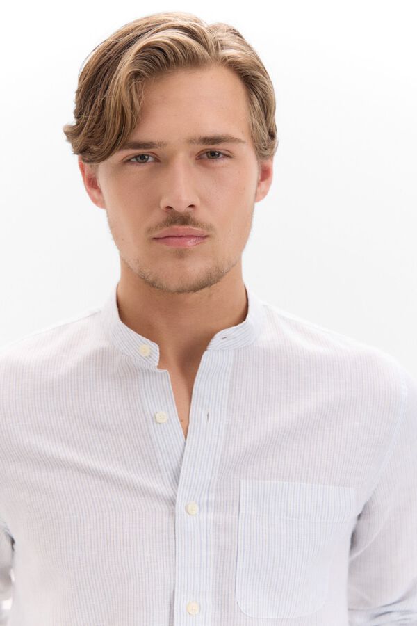 Cortefiel Camisa lino algod&oacute;n rayas cuello mao Azul