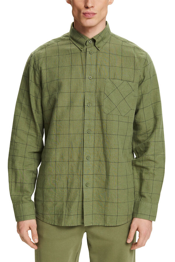 Esprit Camisa cuadros regular fit con lino Estampado verde
