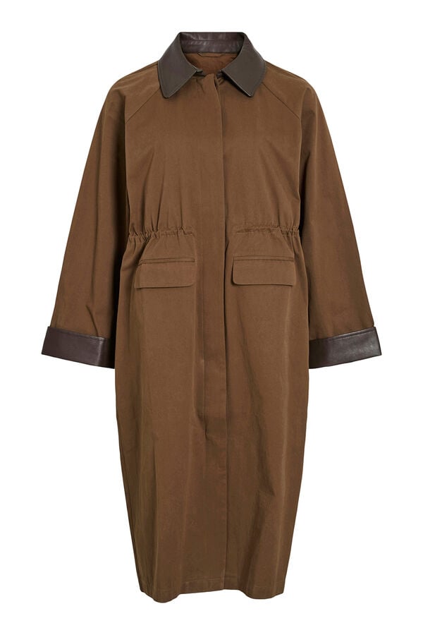 Vila Trench largo con cuello y pu&ntilde;os de polipiel Marr&oacute;n oscuro