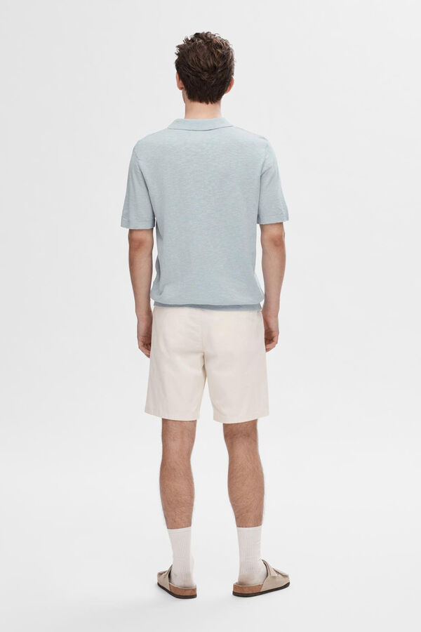 Selected Polo de manga curta confecionado com linho e algod&atilde;o.  Azul