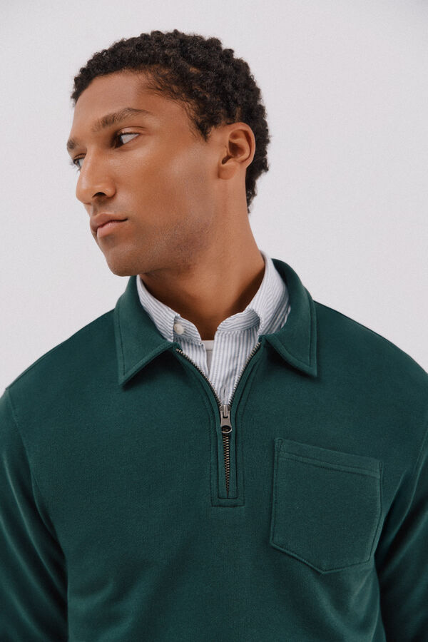 Cortefiel Sudadera cuello polo cremallera Verde oscuro