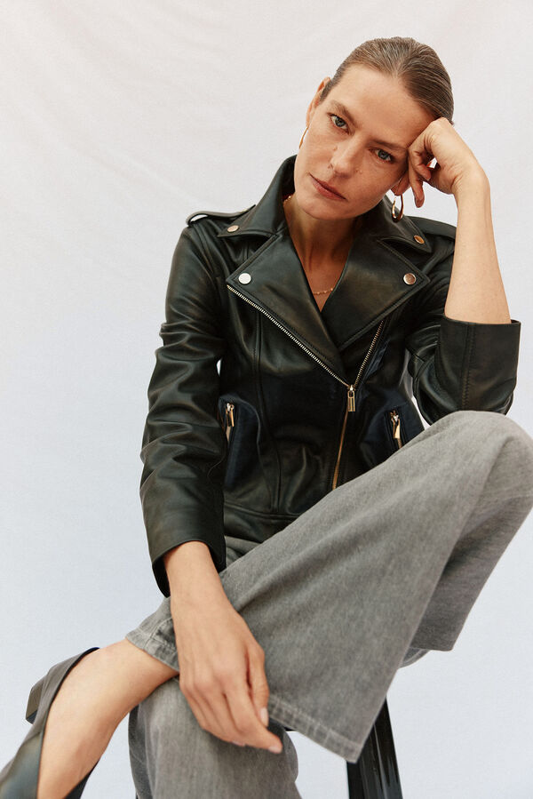 Cortefiel Jaqueta de pele com fecho-éclair Preto