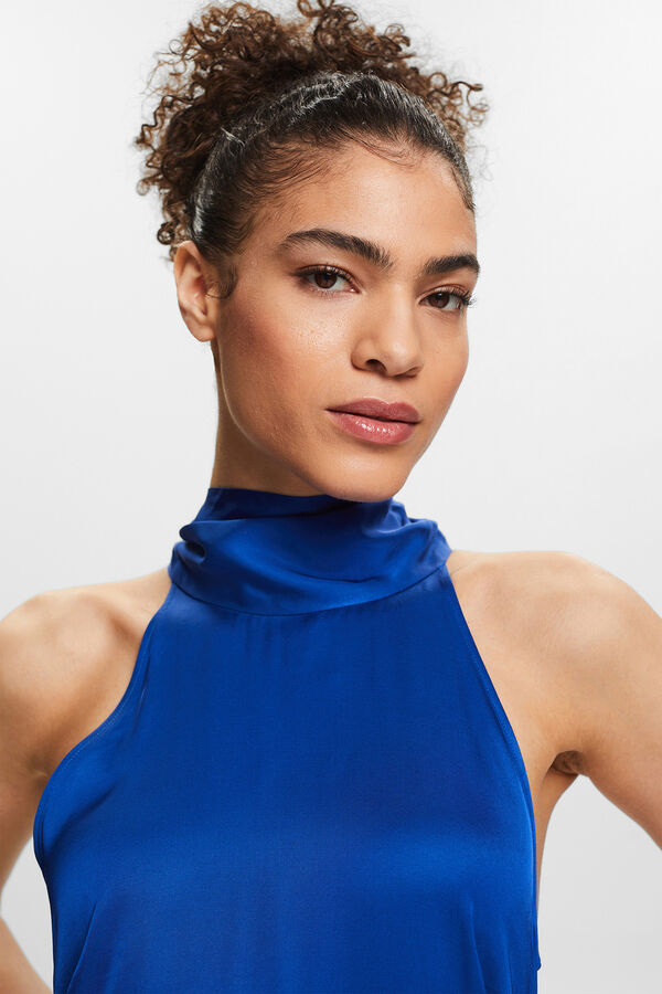 Esprit Vestido largo cuello alto satinado Azul oscuro