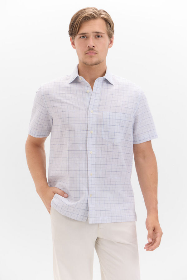 Cortefiel Camisa lino algod&oacute;n cuadros manga corta Azul oscuro