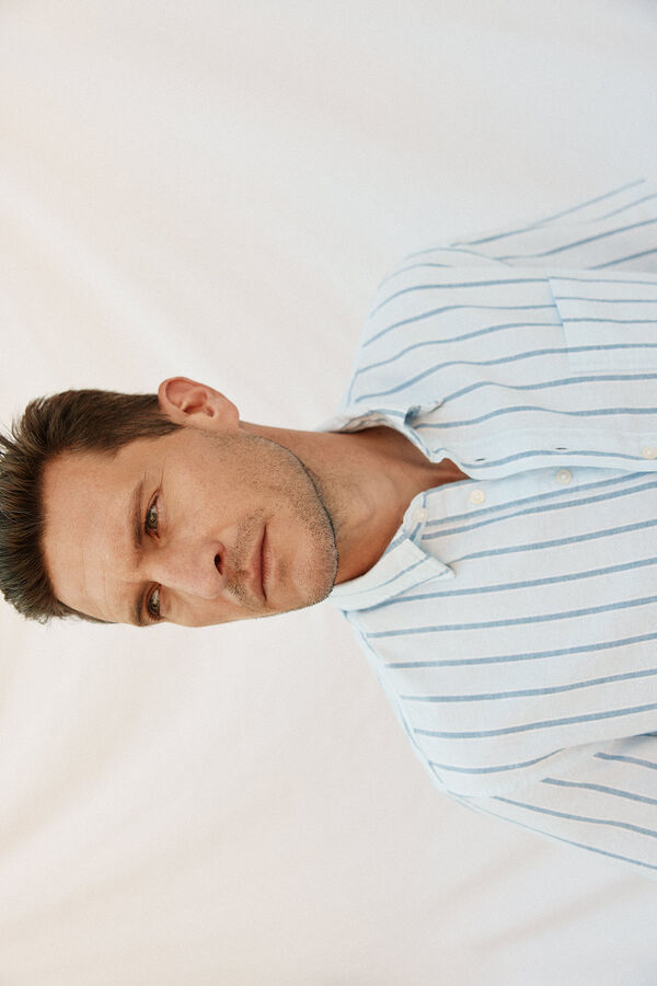 Cortefiel Camiseta riscas de algod&atilde;o e linho de manga curta Azul