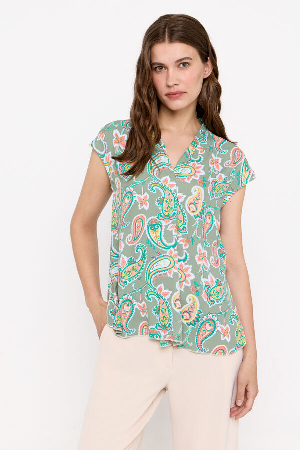 Cortefiel Blusa fluida escote pico Estampado verde