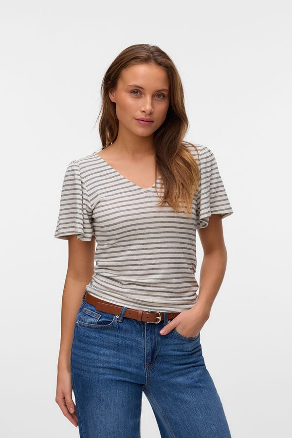Vero Moda Camiseta riscas com mangas sino Cinzento