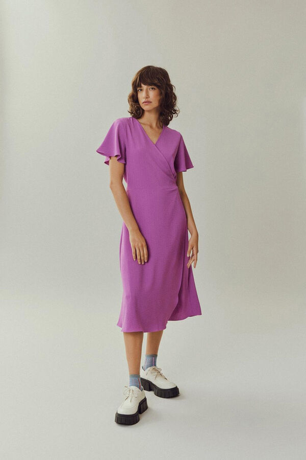 Vila Vestido midi de manga corta cruzado Fucsia