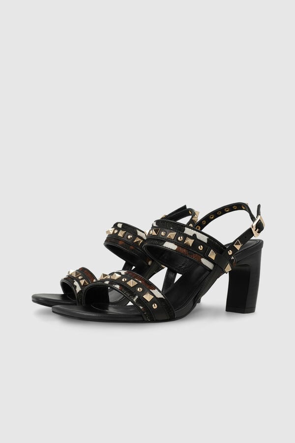 Lodi Sand&aacute;lias em pele combinada com efeito animal print Preto
