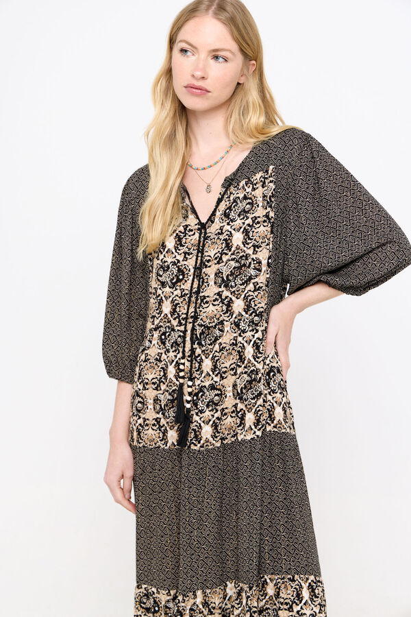 Cortefiel Vestido estampado fio metalizado Cinzento