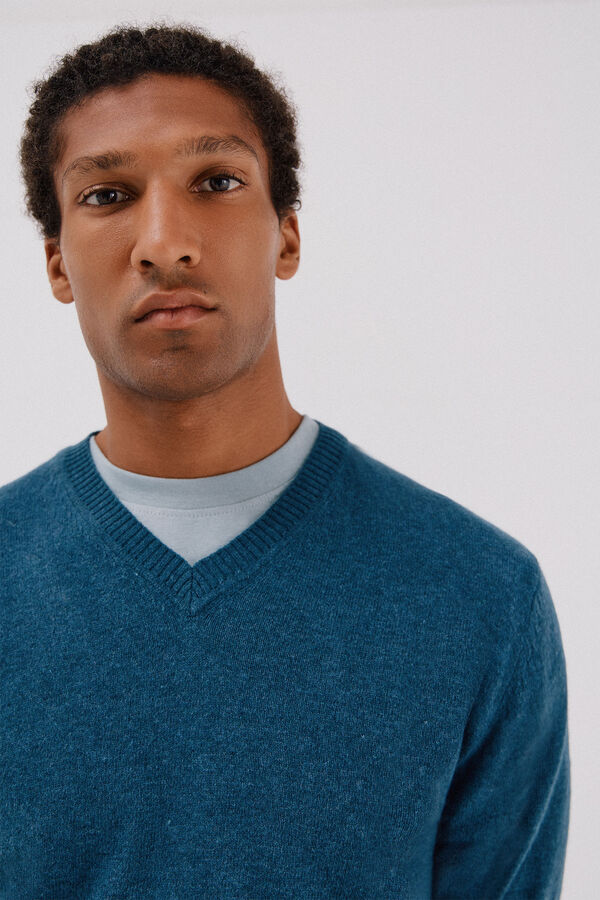 Cortefiel Jersey lana lambswool cuello pico Azul
