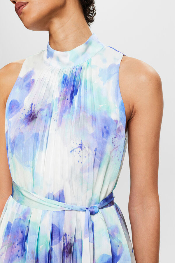 Esprit Vestido midi plisado estampado sin mangas Estampado azul