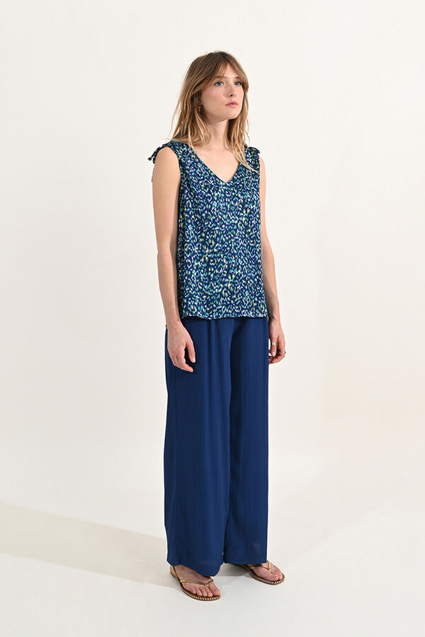 Molly Bracken Top de mulher estampado, sem mangas com la&ccedil;ada Azul