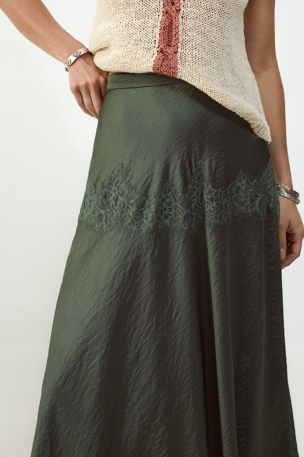 Slowlove Falda midi satinada con encaje Verde