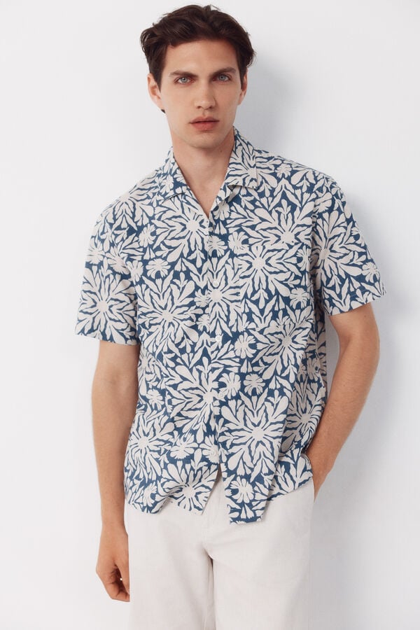 Cortefiel Camisa estampada de manga curta Azul