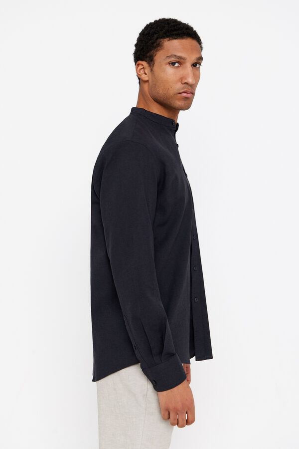 Cortefiel Camisa linho algod&atilde;o gola mao Preto