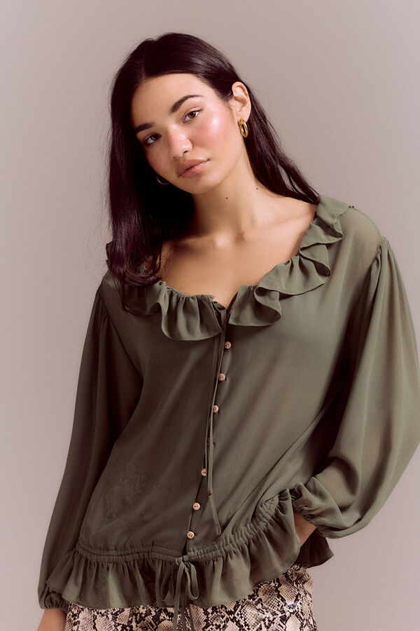 Slowlove Blusa rom&aacute;ntica volantes Kaki