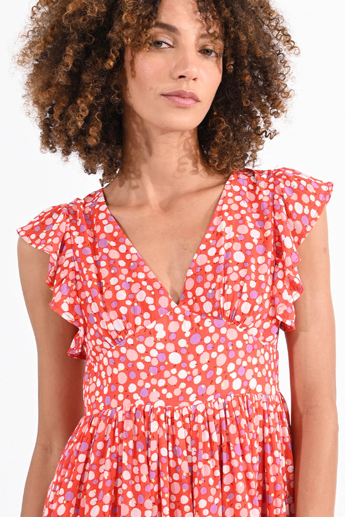 Molly Bracken Vestido estampado de manga curta com folhos