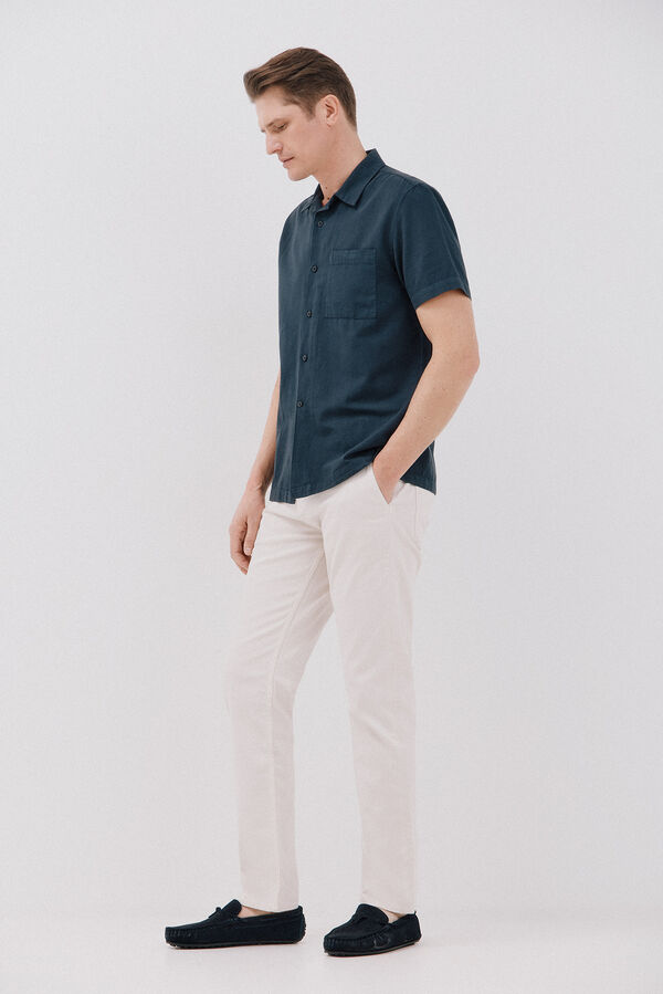 Cortefiel Camisa de manga curta de algod&atilde;o e linho simples Azul