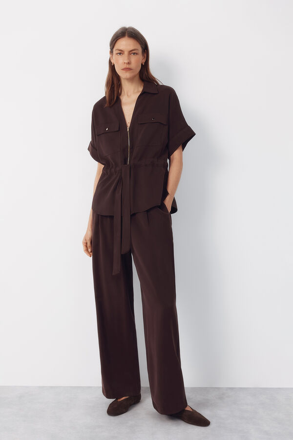 Cortefiel Pantal&oacute;n tencel cintur&oacute;n Marr&oacute;n oscuro