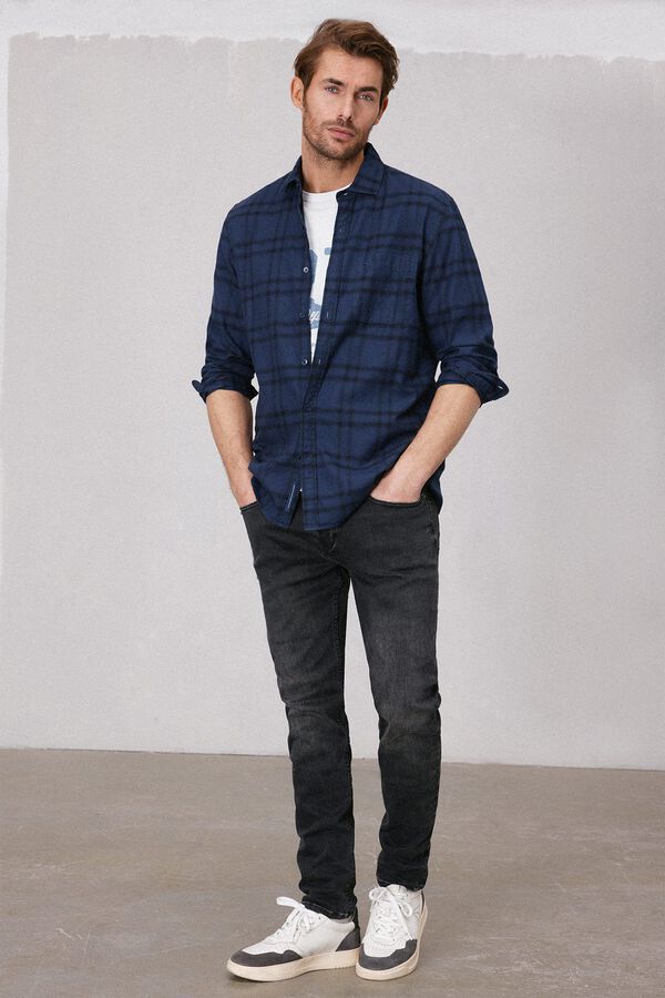 OOTO Camisa xadrez manga comprida lavada Azul