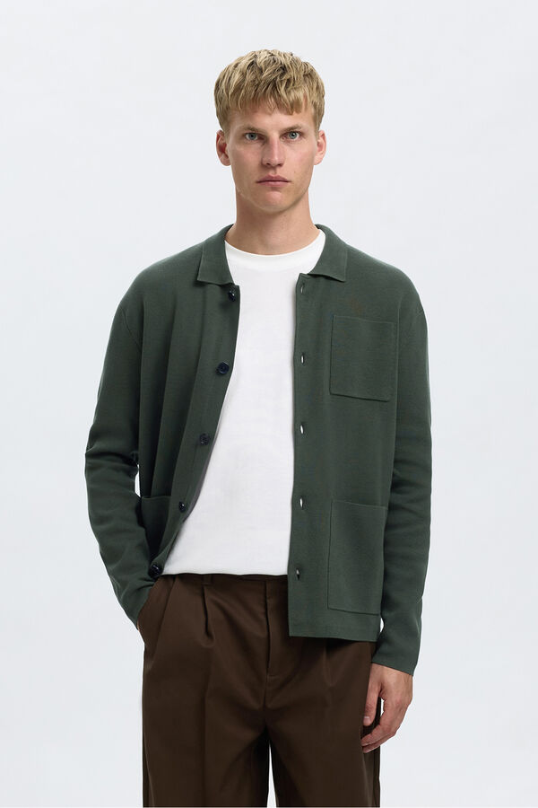 Selected Chaqueta c&aacute;rdigan con bolsillos 100% algod&oacute;n org&aacute;nico Verde oscuro