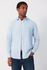 Cortefiel Camisa em linho e algod&atilde;o lisa Azul