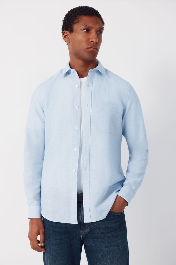 Cortefiel Camisa em linho e algod&atilde;o lisa Azul