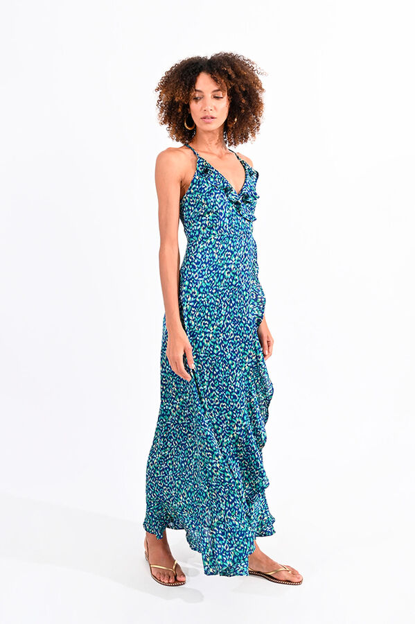 Molly Bracken Vestido de tirantes cruzado con volantes y estampado Azul
