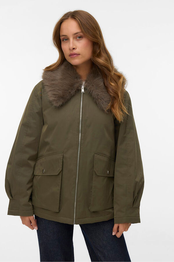 Vero Moda Casaco curto com gola de pele Verde